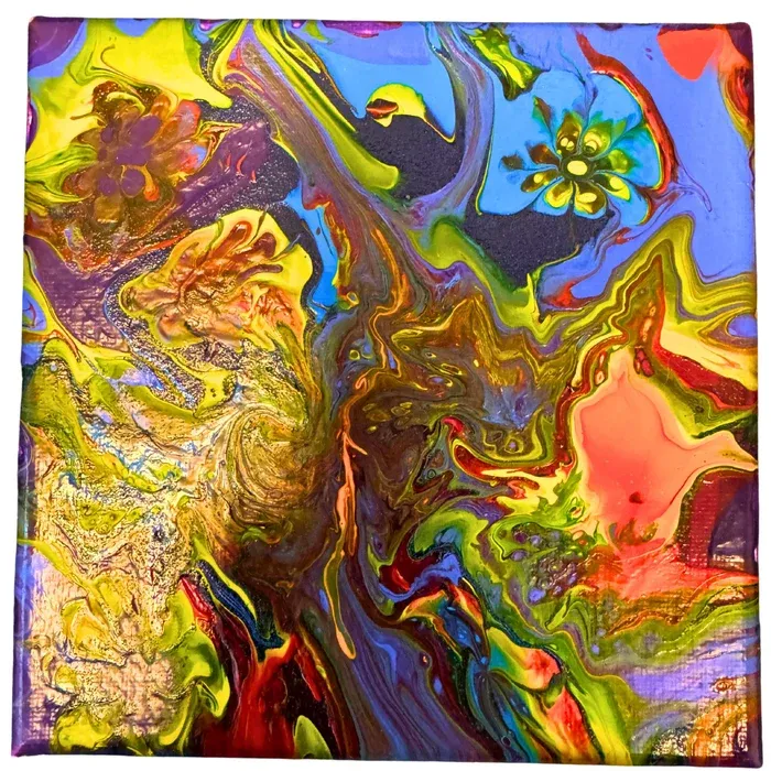 Abstract painting with rivers of yellow, green, violet and coral breaking through a dark core