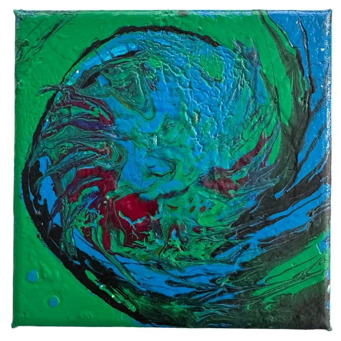 Small abstract painting of a turquoise and blue sphere swirling on a green ground
