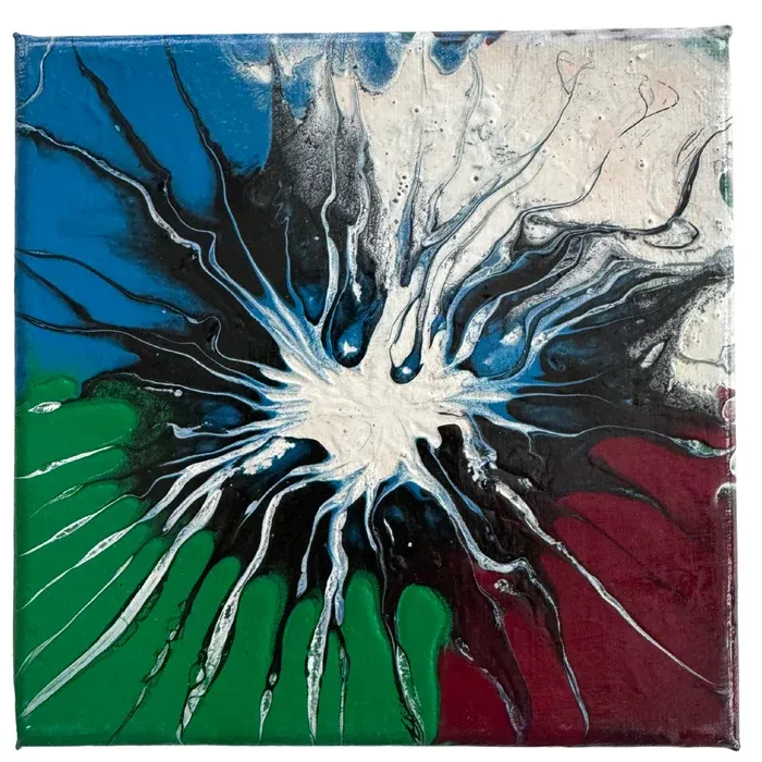 Small abstract painting of a white star bursting across black, blue, green and burgundy