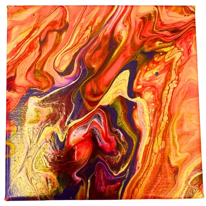 Abstract painting of flowing orange, red and cream currents around a dark violet heart