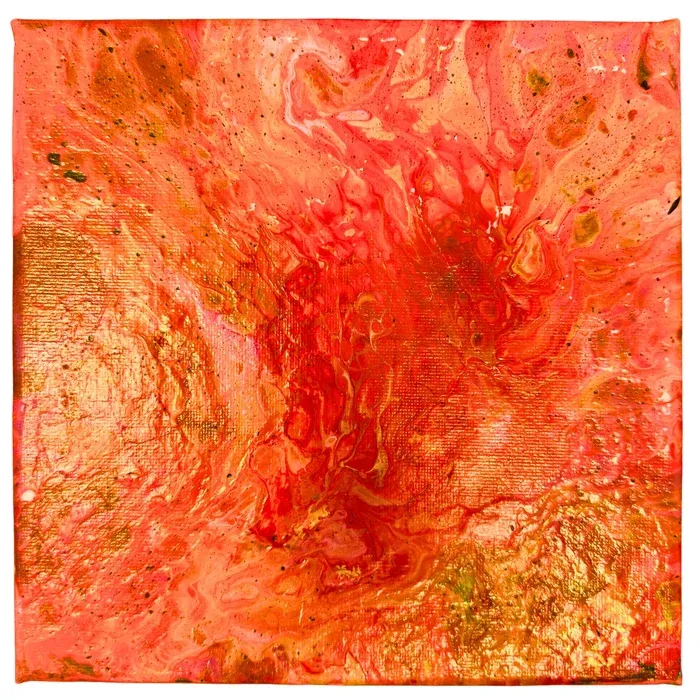 Abstract painting in fiery orange and red, the colour bursting outward from a deep red centre