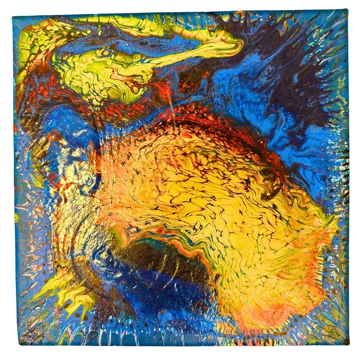 Abstract painting of a golden yellow island shape floating in deep blue