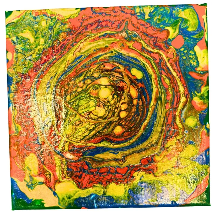 Abstract painting of concentric rings in gold, red and teal spiralling inward like a vortex