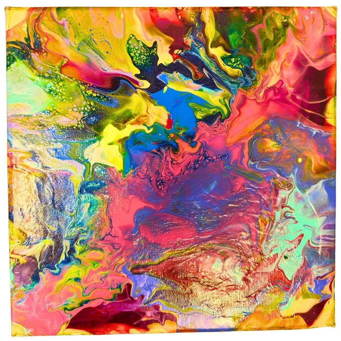 Abstract painting of bright pink, yellow, blue and green colour fields marbling into each other
